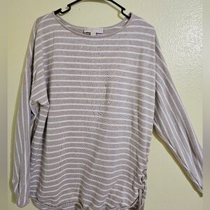 Michael Kors Taupe and White Striped Long Sleeve Top